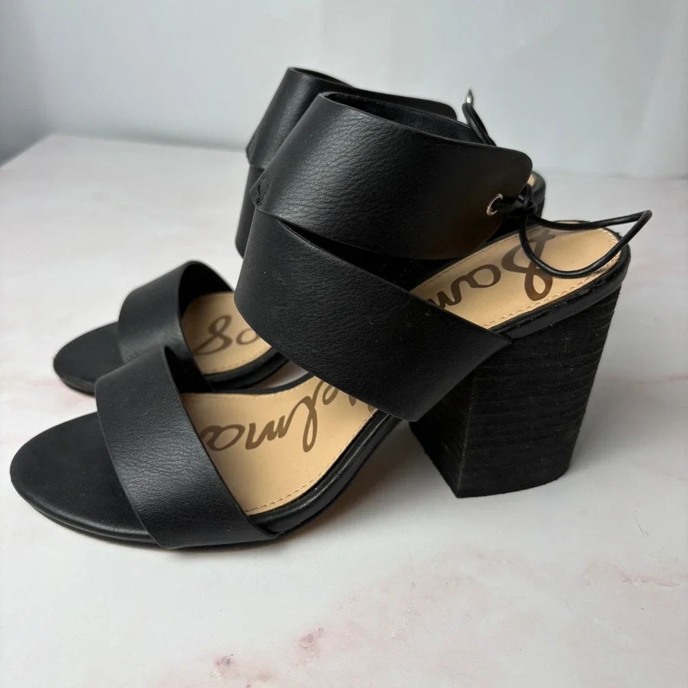 Sam Edelman Valerie Black Lace Up Block Heel Sandals Womens 7M Open Toe Chunky